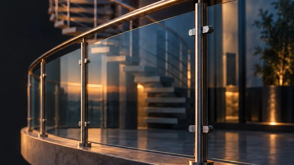 Glass guardrail on a curved balcony, with stainless posts, clamps and a tubular handrail, in front of a spiral staircase